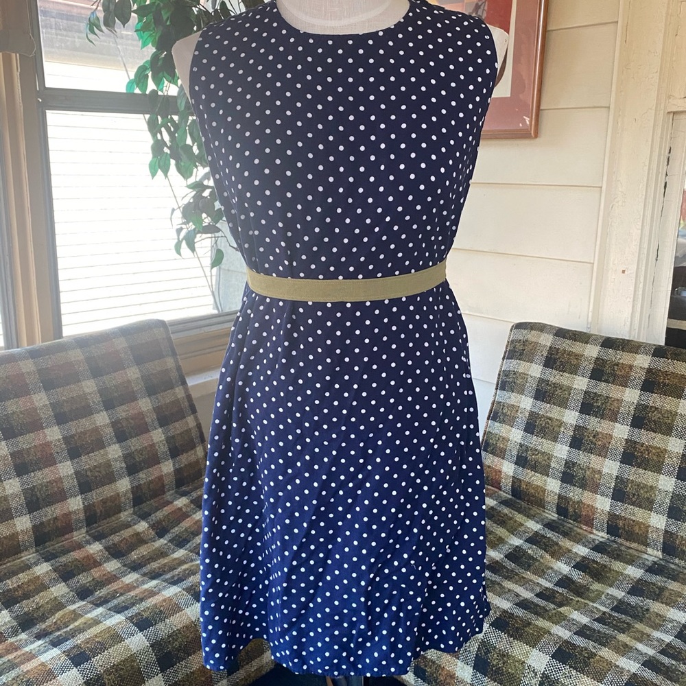 Vintage 80s navy white polka dot shift dress
